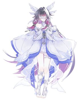 1girl bare_shoulders black_hair closed_eyes closed_mouth columbina_(genshin_impact) commentary dress eye_mask facing_viewer full_body genshin_impact hair_intakes hair_ribbon head_wings light_smile long_hair mask multicolored_hair multiple_wings nnujyjunn pink_hair ribbon sidelocks simple_background solo thigh_strap two-tone_hair very_long_hair white_background white_dress white_ribbon wings