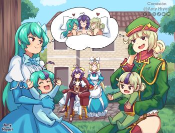 6+girls absurdres ahoge amyhiyori apron aqua_hair araga_kiwi artist_name baby blue_sky bow carrying carrying_baby carrying_person chair cloud commentary commission corset crossed_legs day elbow_gloves forward-facing_horns gloves hair_bow hat heart highres hiiragi_utena horns house if_they_mated imagining leoparde_(mahou_shoujo_ni_akogarete) long_hair magia_azure magia_baiser magical_girl mahou_shoujo_ni_akogarete military_hat military_uniform minakami_sayo morino_korisu mother_and_daughter multiple_girls nero_alice open_mouth outdoors pasties pillow purple_hair red_eyes science_babies sitting sky sleeping smile spanish_commentary star_(symbol) star_pasties tree under_covers yuri