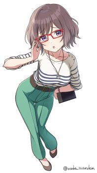1girl belt belt_buckle blush breasts brown_belt brown_hair buckle clenched_hand commentary_request cowboy_shot double-parted_bangs eyelashes gakuen_idolmaster glasses green_pants grin hair_between_eyes hand_on_own_hip hand_up highres holding holding_pointer idolmaster jewelry leaning_forward long_bangs looking_at_viewer medium_breasts necklace neo_asari osoba_susurukun pants pendant pointer purple_eyes purple_hair shirt shirt_tucked_in short_hair sleeves_pushed_up smile solo striped_clothes striped_shirt watch white_background white_shirt wristwatch