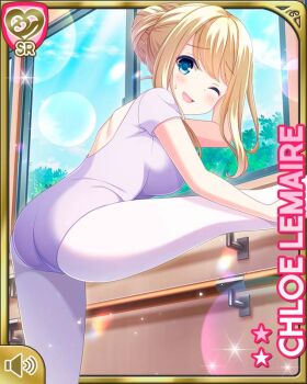 1girl ;d ass ballerina ballet blonde_hair blue_eyes breasts card character_name chloe_lemaire girlfriend_(kari) gym indoors leotard long_hair mat official_art one_eye_closed open_mouth qp:flapper smile solo tagme white_leotard