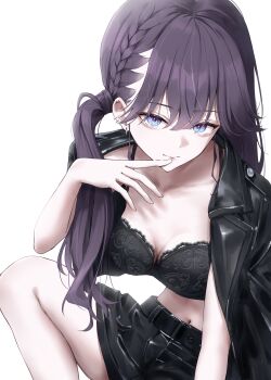 1girl absurdres black_bra black_jacket black_shorts blue_eyes bra braid breasts collarbone commentary english_commentary enu_illustip gakuen_idolmaster highres idolmaster jacket jacket_on_shoulders kaya_rinha knee_up medium_breasts navel purple_hair shorts simple_background solo twintails underwear white_background