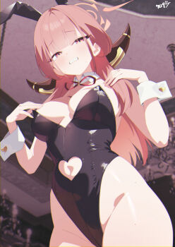1girl absurdres alternate_costume animal_ears aru_(blue_archive) bare_shoulders black_leotard blue_archive blush breasts cleavage clenched_teeth clothing_cutout commentary_request cowboy_shot demon_girl demon_horns detached_collar fake_animal_ears from_below groin halo hands_up heart_cutout highleg highleg_leotard highres horns indoors kurozawa_yui large_breasts leotard long_hair looking_at_viewer navel navel_cutout office pink_hair playboy_bunny rabbit_ears solo teeth wrist_cuffs yellow_eyes
