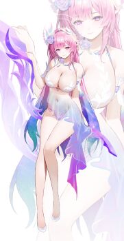 1girl absurdres blue_flower blue_hair blush breasts cleavage closed_mouth commentary cyrene_(demiurge)_(honkai:_star_rail) cyrene_(honkai:_star_rail) diamond-shaped_pupils diamond_(shape) flower full_body gradient_hair hair_between_eyes hair_flower hair_ornament hand_up highres honkai:_star_rail honkai_(series) invisible_chair large_breasts lemonpear light_smile looking_at_viewer multicolored_hair navel pink_hair pointy_ears purple_eyes shoes simple_background sitting stomach symbol-shaped_pupils white_background white_shoes zoom_layer