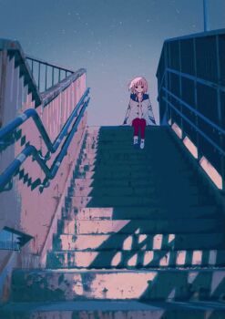 1girl animated animated_gif blue_eyes braid hood hood_down hooded_jacket hoodie jacket kaf_(kamitsubaki_studio) kamitsubaki_studio leggings long_hair low_twin_braids night omutatsu pink_hair shadow shoes sitting sitting_on_object sky sneakers stairs star_(sky) starry_sky twin_braids virtual_youtuber