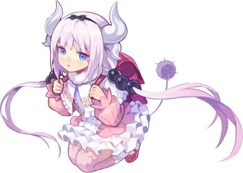 1girl artist_name artist_request backpack bag black_bow black_hairband blouse blue_eyes blue_pupils blunt_bangs bow bow_hairband buttons capelet center_frills child dragon_girl dragon_horns eyelashes floating_hair frilled_capelet frills full_body fur_collar hair_ornament hairband horns kanna_kamui kobayashi-san_chi_no_maidragon layered_skirt legs_together lolita_fashion long_hair long_sleeves low-tied_long_hair mary_janes nexon official_art open_mouth parted_lips pink_bag pink_shirt pink_shoes pink_sleeves pink_thighhighs puffy_long_sleeves puffy_sleeves purple_hair purple_tail randoseru second-party_source shirt shoes simple_background skirt solo sphere_hair_ornament tales_weaver thighhighs transparent_background twintails two-tone_thighhighs white_capelet white_horns white_skirt white_thighhighs