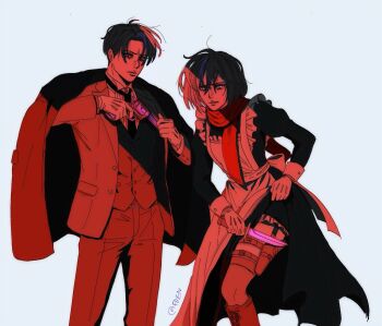 Rule 34 | 1boy, 1girl, apron, black dress, black hair, breasts, clothes lift, coat, coat on shoulders, commentary request, cowboy shot, drawing gun, dress, dress lift, eden01011225, formal clothes, furrowed brow, garter straps, gloves, hair between eyes, highres, holding, holding knife, holster, jacket, knife, korean commentary, levi (shingeki no kyojin), long dress, maid apron, medium breasts, mikasa ackerman, official alternate costume, pants, parted lips, red scarf, scarf, shingeki no kyojin, short hair, suit, suit jacket, thigh holster, twitter username, vest, waistcoat, white background, white gloves