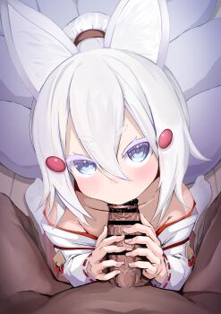 1boy 1girl animal_ears bar_censor blue_eyes blush censored dark-skinned_male dark_skin fellatio fox_ears fox_girl fox_tail highres kajimakoto loli lolibaba looking_at_viewer multiple_tails oral penis penis_grab phase_connect saliva saliva_trail tail tenma_maemi virtual_youtuber white_hair white_tail