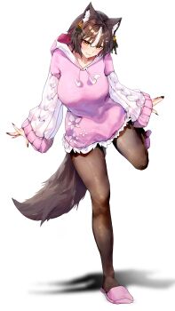 Rule 34 | absurdres, animal ear fluff, animal ears, black nails, black ribbon, breasts, brown eyes, chisaka airi, closed mouth, commentary, english commentary, hair ornament, hair ribbon, hairpin, highres, hood, hood down, hoodie, long sleeves, mn374390, pantyhose, phase connect, pink hoodie, pink slippers, ribbon, shadow, slippers, star (symbol), star hair ornament, tail, virtual youtuber, white background, wolf ears, wolf girl, wolf tail