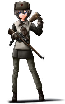 1girl bad_id bad_pixiv_id belt black_hair blue_eyes bolt_action boots braid cartridge dreadtie earflap_hat female_focus front_braid full_body fur_hat glint gloves gun hair_between_eyes hair_over_shoulder hammer_and_sickle hat highres holding holding_gun holding_weapon legs_apart looking_at_viewer military military_uniform mosin-nagant original pants pants_under_skirt parted_lips pouch ppsh-41 red_star rifle scope shadow short_hair side_braid skirt sniper solo soviet standing star_(symbol) submachine_gun ushanka valeriya_kurina weapon white_background wing_collar world_war_ii