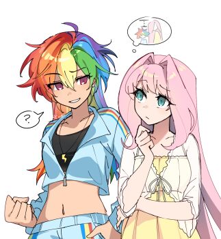 2girls :d antenna_hair aqua_eyes bare_arms blonde_hair blue_hair chestnut_mouth child cio_(ciosui) curtained_hair double-parted_bangs elbow_on_another&#039;s_shoulder elbow_rest fang fluttershy flying_sweatdrops green_hair hair_behind_ear hair_between_eyes hair_over_one_eye heattech_leotard highres ibispaint_(medium) jacket leotard long_hair long_sleeves looking_at_viewer looking_to_the_side medal multicolored_hair multiple_girls my_little_pony my_little_pony:_friendship_is_magic notice_lines one_eye_covered open_mouth orange_hair parted_lips personification pink_eyes pink_hair pointing pointing_at_self pointing_with_thumb puffy_long_sleeves puffy_sleeves purple_hair rainbow_dash rainbow_hair raised_inner_eyebrows red_hair shirt short_hair short_sleeves side-by-side simple_background single_vertical_stripe smile spiked_hair streaked_hair t-shirt tomboy tongue track_jacket turtleneck twitter_username upper_body v-shaped_eyebrows very_long_hair white_background white_shirt yellow_jacket