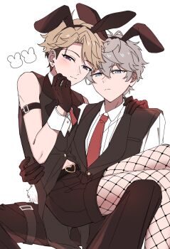2boys :3 aibii_(senaru0303) animal_ears arm_belt arm_strap belt black_gloves black_pants black_shorts black_tailcoat black_vest blonde_hair blue_eyes blush brown_hair buckle collared_shirt commentary cowboy_shot curtained_hair earrings ensemble_stars! expressionless fake_animal_ears fishnet_pantyhose fishnets gloves grey_hair hair_between_eyes hand_on_another's_back hand_on_another's_shoulder heart heart-shaped_buckle highres jewelry lapels long_sleeves looking_at_viewer male_focus midriff_peek multicolored_hair multiple_boys narukami_arashi necktie notched_lapels official_alternate_costume pants pantyhose purple_eyes rabbit_ears rabbit_tail red_necktie sena_izumi_(ensemble_stars!) shirt short_hair short_sleeves shorts sitting sitting_on_lap sitting_on_person sleeveless stud_earrings symbol-only_commentary tail tailcoat thigh_strap two-tone_hair undercut vest white_shirt white_wrist_cuffs wrist_cuffs yaoi