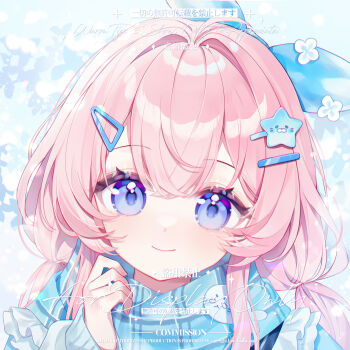 1girl blue_bow blue_flower blue_scarf blush bow closed_mouth eyelashes flower hair_between_eyes hair_bow hair_ornament hairclip hairpin highres long_hair long_sleeves looking_at_viewer original pink_hair purple_eyes scarf sidelocks smile solo square sweater upper_body yan_an_xi_ye