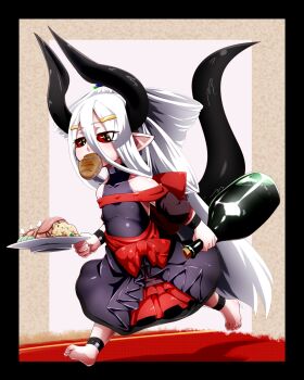 1girl anklet barefoot black_dress black_horns bottle bow bread breasts commentary_request dress eating food hair_ornament hairclip highres holding holding_plate horns jewelry meat mouth_hold pixiv_fantasia pixiv_fantasia_revenge_of_the_darkness plate pointy_ears red_bow red_eyes runing sleeveless sleeveless_dress small_breasts tail white_hair yu_ki_sousaku_kikaku