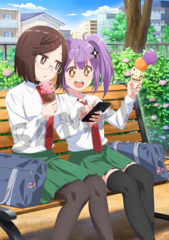 Rule 34 | 2girls, alternate costume, bag, bench, black choker, black pantyhose, black thighhighs, brown eyes, brown hair, building, bush, choker, collared shirt, glasses, green skirt, hair ornament, hairclip, holding, holding ice cream cone, ice cream cone, koga konoha, kusagakure satoko, long hair, medium hair, multiple girls, necktie, ninja, ninja to koroshiya no futarigurashi, official art, open mouth, pantyhose, park bench, pleated skirt, pointing, purple hair, red necktie, roboko (ninkoro), sample watermark, school bag, school uniform, semi-rimless eyewear, shirt, shuriken hair ornament, side ponytail, sitting, skirt, swept bangs, teeth, thighhighs, tree, upper teeth only, watermark, white shirt, wooden bench