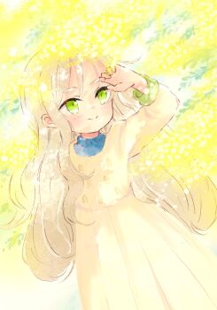 Rule 34 | 1girl, blonde hair, blush, borrowed character, commentary request, dress, flower, green eyes, highres, long hair, mimosa (flower), original, shin fuj, smile, solo, yellow dress