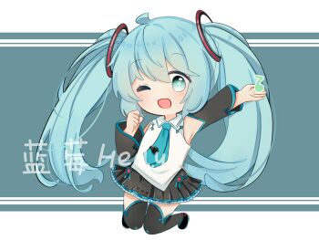 1girl ;d aqua_eyes aqua_hair aqua_necktie armpits artist_name black_shoes black_skirt black_sleeves blueberry_hedy blush boots chibi chibi_only chinese_commentary collared_shirt commentary_request detached_sleeves hatsune_miku hatsune_miku_(vocaloid4)_(chinese) heart heart-shaped_pupils long_hair long_sleeves musical_note necktie no_nose one_eye_closed open_mouth shirt shoes skirt smile solo symbol-shaped_pupils thigh_boots tie_clip twintails v4x very_long_hair vocaloid watermark white_shirt