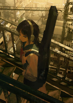 1girl absurdres bicycle billboard black_eyes black_hair black_skirt building city cityscape commentary_request day expressionless from_above from_side golden_hour guard_rail guitar_case headphones high_up highres instrument_case long_hair long_sleeves miniskirt motor_vehicle neckerchief on_stairs original outdoors power_lines red_neckerchief sailor_collar scenery school_uniform scooter serafuku shirt shutter_shades skirt solo stairs urban white_shirt zzz_(orchid-dale)