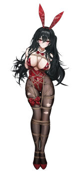 1girl absurdres animal_ear_hairband animal_ears arms_behind_back awaji azur_lane bdsm black_hair bondage bound bound_ankles bound_arms bound_legs bound_torso bow bowtie breast_bondage breasts cleavage commentary crotch_rope english_commentary fake_animal_ears full_body hair_between_eyes hairband highres large_breasts leotard long_hair looking_at_viewer official_alternate_costume pantyhose playboy_bunny rabbit_ear_hairband rabbit_ears red_bow red_bowtie red_eyes red_leotard shibari shibari_over_clothes simple_background solo strapless strapless_leotard taihou_(azur_lane) taihou_(fun_on_the_baize)_(azur_lane) torn_clothes torn_pantyhose undersized_breast_cup white_background