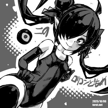 1girl ahoge backbeako_(torotei) backbeard blush breasts closed_mouth commentary cowboy_shot dated dated_commentary dutch_angle elbow_gloves gegege_no_kitarou gloves grey_background greyscale hair_over_one_eye hair_ribbon kono_lolicon_domome long_hair looking_at_viewer monochrome one-piece_swimsuit original paid_reward_available pear-shaped_figure pointy_ears ribbon school_swimsuit simple_background small_breasts smile solo swimsuit thighhighs torotei translated twintails two-tone_background watermark web_address white_background