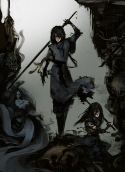 1boy 1girl absurdres arm_tattoo black_eyes black_robe black_tunic brother_and_sister creature elbow_gloves fingerless_gloves full_body gloves highres holding holding_sword holding_weapon ignoramoose knight long_hair nephis_(shadow_slave) people robe serious shadow_slave shoulder_pads siblings snake_tattoo standing sunny_(shadow_slave) sword tattoo tunic walking_towards_viewer weapon