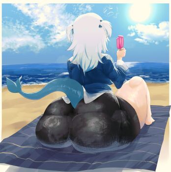 ass beach fins fish_tail food gawr_gura huge_ass kyokeer ocean popsicle sand shortstack tail thick_thighs thighs virtual_youtuber