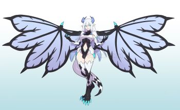 Rule 34 | 1girl, blue eyes, blue horns, breasts, bulge, clawed feet, clawed wings, clothing cutout, commentary, curvy, dragon horns, dragon tail, english commentary, fingernails, full body, futanari, highres, horns, large breasts, leotard, long fingernails, long hair, mokotoko9, navel cutout, original, shoulder pads, solo, tail, thighhighs, very long hair, white hair, wings