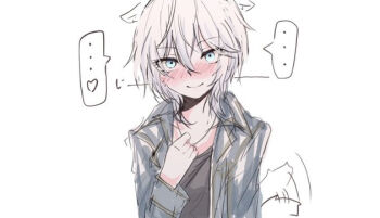 ... afterimage anastasia_(idolmaster) animal_ear_fluff animal_ears black_shirt blue_eyes blush closed_mouth grey_hair grey_jacket hair_between_eyes hand_up heart idolmaster idolmaster_cinderella_girls jacket kawamochi_(kawauti919) kemonomimi_mode looking_at_viewer nose_blush open_clothes open_jacket shirt simple_background sketch smile spoken_ellipsis spoken_heart tail tail_wagging upper_body white_background