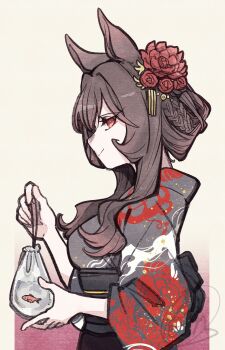 Rule 34 | 1girl, animal ears, bag, bagged fish, braid, braided hair rings, breasts, brown hair, commentary request, fish, floral print, floral print kimono, flower, gentildonna (umamusume), goldfish, hair between eyes, hair rings, highres, holding, horse ears, horse girl, japanese clothes, kimono, long hair, looking at viewer, obi, print kimono, red eyes, sash, smile, solo, takatsuki nato, umamusume, yukata