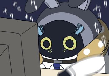 1other bangboo_(zenless_zone_zero) blue_necktie blurry commentary computer kinaco_4738 neck_pillow necktie no_humans overtimeboo_(zenless_zone_zero) shirt table translation_request white_shirt zenless_zone_zero