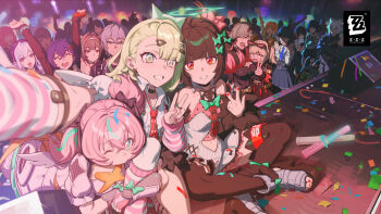 2boys 6+girls absurdres angel_wings angels_of_delusion aria_(zenless_zone_zero) arm_up arm_warmers arms_up asymmetrical_bangs backpack bag bangboo_(zenless_zone_zero) bare_shoulders belle_(zenless_zone_zero) black_choker black_hair black_skirt black_thighhighs blonde_hair blue_eyes blue_hair bow brown_hair burnice_white caesar_king_(zenless_zone_zero) choker closed_eyes clothing_cutout collared_shirt colored_inner_hair confetti copyright_logo crowd detached_sleeves dress ellen_joe fingerless_gloves fur-trimmed_skirt fur_trim glasses gloves glowstick green_bow green_eyes green_hair grey_hair grin hair_bow halo highres hugging_another's_leg idol indian_style jane_doe_(zenless_zone_zero) leg_warmers logo long_hair looking_at_viewer lynn_(zenless_zone_zero) multicolored_hair multiple_boys multiple_girls multiple_hair_bows nangong_yu navel_cutout necktie official_art one_eye_closed open-toe_shoes open_mouth penlight_(glowstick) pink_hair pink_nails pink_shoes platform_shoes purple_hair quad_tails randoseru red_eyes red_nails red_necktie selfie seth_lowell shirt shoes short_dress short_hair single_thighhigh sitting skirt smile stage stirrup_footwear streaked_hair striped_arm_warmers striped_leg_warmers sunna_(zenless_zone_zero) thighhighs twintails two-tone_hair v vivian_banshee white_dress white_shirt white_thighhighs wings wise_(zenless_zone_zero) ye_shunguang zenless_zone_zero