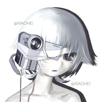 1girl bandage_over_one_eye bandages blue_tongue collarbone colored_skin colored_tongue grey_eyes looking_at_viewer one_eye_covered open_mouth original pale_skin short_hair video_camera watermark white_hair white_skin xi7197269767042
