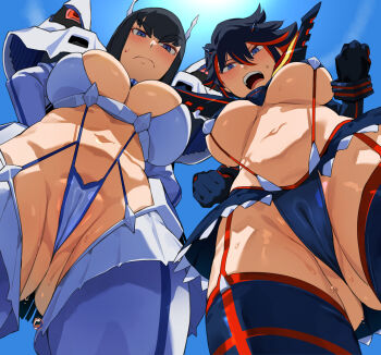 2girls absurdres ass bakkanki bilingual_commentary black_hair blue_eyes blue_sky blush breasts cameltoe cleavage commentary english_commentary from_below frown glaring gluteal_fold hair_between_eyes highres junketsu kill_la_kill kiryuuin_satsuki large_breasts life_fiber living_clothes long_hair looking_at_viewer matoi_ryuuko microskirt mixed-language_commentary multicolored_hair multiple_girls navel outdoors paid_reward_available partially_visible_vulva red_hair revealing_clothes senketsu short_hair siblings sisters skirt sky streaked_hair sun suspenders sweat thick_eyebrows thighhighs two-tone_hair underboob