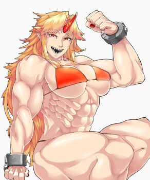 1girl artist_request bikini blonde_hair cuffs female_focus flex highres horns hoshiguma_yuugi long_hair looking_at_viewer muscular muscular_female oni red_eyes shackles sharp_teeth simple_background single_horn smile solo swimsuit teeth touhou white_background