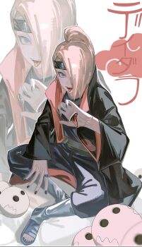 Rule 34 | 1017gomo9, 1boy, akatsuki uniform, black headband, black jacket, black nails, black pants, blonde hair, blue eyes, boots, character name, commentary request, deidara (naruto), extra mouth, hair over one eye, headband, highres, jacket, jewelry, long hair, male focus, multiple rings, nail polish, naruto (series), naruto shippuuden, open-toe boots, pants, ponytail, ring, sitting, solo, toenail polish, toenails, tongue, tongue out