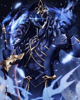 1boy absurdres arm_up black_coat black_gloves black_hair black_helmet black_shirt capitano_(genshin_impact) coat collared_shirt cowboy_shot genshin_impact gloves gold_trim helmet highres holding holding_sword holding_weapon long_hair male_focus shirt sleeve_cuffs snow solo sword uouzzz weapon