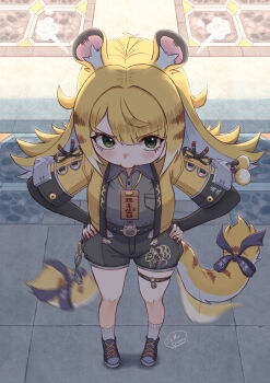 1girl absurdres afterimage animal_ear_fluff animal_ears black_shorts blonde_hair blue_shoes blush bow butter_spoon colored_inner_hair commentary_request from_side green_eyes grey_shirt hands_on_own_hips high-waist_shorts highres jacket ju_fufu long_hair looking_at_viewer motion_blur motion_lines multicolored_hair orange_fur outdoors shirt shoes shorts socks solo striped_fur striped_hair tail tail_bow tail_ornament thigh_strap tiger_ears tiger_girl tiger_stripes tiger_tail v-shaped_eyebrows white_socks yellow_jacket zenless_zone_zero