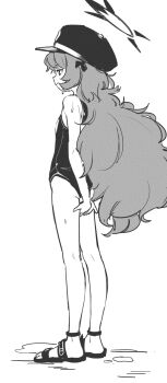 1girl bare_legs black_hat blue_archive bongnom commentary competition_swimsuit flat_chest fluffy_hair from_behind halo hat highres iroha_(blue_archive) long_hair name_tag one-piece_swimsuit peaked_cap sandals school_swimsuit simple_background solo swimsuit very_long_hair white_background