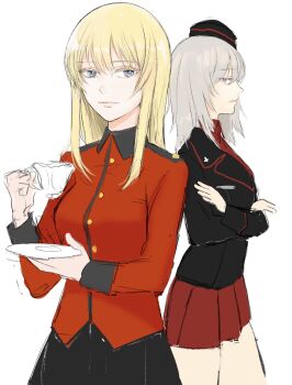 Rule 34 | 2girls, banira (oocooocooocoo), black hat, black jacket, black skirt, blonde hair, blue eyes, commentary request, crossed arms, cup, earl grey (girls und panzer), garrison cap, girls und panzer, grey hair, hat, highres, holding, holding cup, itsumi erika, jacket, kuromorimine military uniform, long hair, miniskirt, multiple girls, red jacket, red skirt, skirt, st. gloriana's military uniform, teacup