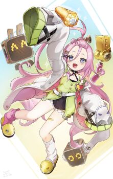 1girl :d ahoge aino_(genshin_impact) arm_up bandaid bandaid_on_leg bangs_pinned_back black_choker black_dress bloomers blue_eyes blush choker coat commentary_request dress food genshin_impact green_dress hair_ornament hairclip halter_dress halterneck highres holding holding_food huge_ahoge lab_coat long_hair long_sleeves loose_socks mismatched_socks off_shoulder okkobc open_clothes open_coat open_mouth pink_hair pink_socks robot screw_hair_ornament short_eyebrows sidelocks sleeves_past_fingers sleeves_past_wrists slippers smile socks solo sparkle teeth two-sided_coat two-sided_fabric underwear upper_teeth_only very_long_hair watermark white_background white_coat white_socks x_hair_ornament yellow_bloomers yellow_slippers