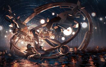 1girl absurdres aqua_hair armillary_sphere bass_guitar black_skirt black_thighhighs check_commentary closed_eyes commentary commentary_request glowing grey_shirt hair_ornament hatsune_miku highres instrument kika long_hair night piano_keys pleated_skirt rainbow_gradient shirt skirt sky sleeveless sleeveless_shirt solo splashing star_(sky) star_trail starry_sky thighhighs twintails very_long_hair violin vocaloid water wings