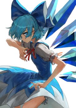 Rule 34 | 1girl, bloomers, blue bow, blue dress, blue eyes, blue hair, bow, cirno, collared shirt, commentary, detached wings, dress, hair bow, harapan-kun, highres, ice, ice wings, looking at viewer, neck ribbon, pinafore dress, puffy short sleeves, puffy sleeves, red ribbon, ribbon, shirt, short sleeves, simple background, sleeveless, sleeveless dress, solo, touhou, underwear, white background, white bloomers, white shirt, wings