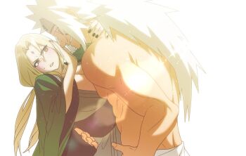 1boy 1girl blonde_hair blush breasts commentary_request holding_another's_wrist japanese_clothes jiraiya_(naruto) korean_commentary large_breasts long_hair mature_female mature_male muscular muscular_male naruto_(series) nuhaudon old old_man old_woman size_difference smile tall_male topless_male tsunade_(naruto) white_hair