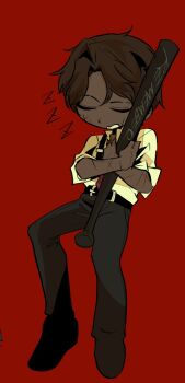 05_soleil 1boy baseball_bat belt brown_hair closed_eyes collared_shirt cross_scar dark-skinned_male dark_skin full_body heathcliff_(project_moon) highres holding holding_baseball_bat hugging_object invisible_chair limbus_company male_focus multiple_scars open_mouth project_moon scar scar_on_arm scar_on_face shirt short_hair sitting sleeves_rolled_up solo suspenders white_shirt zzz