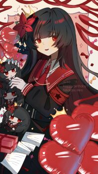 1girl :d armband balloon black_hair black_shirt black_skirt blunt_bangs box character_doll character_name chibi chinese_commentary commentary_request cowboy_shot crown doll flower gift gift_box hair_flower hair_ornament happy_birthday heart_balloon highres long_hair long_sleeves looking_at_viewer mahou_shoujo_no_majo_saiban necktie nikaido_hiro open_mouth paper red_armband red_eyes red_flower red_necktie red_ribbon ribbon shirt skirt smile solo standing star_(xinjinjumin734541061046)
