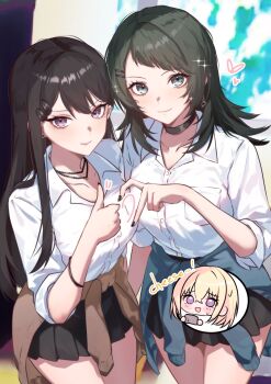 3girls animal_ears bang_dream! bang_dream!_it&#039;s_mygo!!!!! black_choker black_hair black_nails black_skirt blonde_hair blue_cardigan blush bracelet brown_cardigan cardigan choker commentary earrings gyaru hair_between_eyes hair_ornament hairclip heart heart_hands_failure highres houji_tea_latte jewelry long_hair medium_hair misumi_uika mole mole_under_eye multiple_girls nail_polish necklace parallel_hairclips pleated_skirt purple_eyes school_uniform shiina_taki shirt skirt stud_earrings white_shirt yahata_umiri