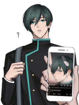 2boys ? aqua_eyes bag black_hair black_jacket blue_lock cellphone condom condom_on_head fellatio gakuran hewkaona highres itoshi_rin jacket juxtaposition looking_at_viewer male_focus multiple_boys oral penis phone photo_comparison ruined_reputation school_uniform simple_background smartphone upper_body used_condom white_background yaoi