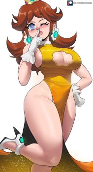 1girl absurdres blue_eyes breasts brown_hair cleavage cleavage_cutout clothing_cutout crown dress earrings echo_saber flower_earrings gloves heart heart-shaped_pupils high_collar highres jewelry large_breasts legs long_hair mario_(series) nintendo orange_dress panties pelvic_curtain princess_daisy sideboob simple_background sleeveless solo super_mario_land symbol-shaped_pupils thick_thighs thighs underwear white_background wide_hips