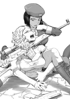 2girls bare_shoulders breasts catfight cleavage command_&amp;_conquer dog_tags female_focus gun handgun highres large_breasts monochrome multiple_girls natasha_volkova open_mouth pistol red_alert_3 rggr rifle sniper_rifle tanya_(red_alert_3) teeth weapon