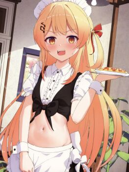 1girl absurdres alternate_costume apron black_skirt blonde_hair blush collared_shirt commentary crop_top enmaided food fortissimo frills front-tie_top groin hair_ornament highres holding hololive indoors long_hair looking_at_viewer maid maid_apron maid_headdress midriff mosi1222ss musical_note musical_note_hair_ornament navel omelet omurice one_side_up open_mouth orange_eyes otonose_kanade plate puffy_short_sleeves puffy_sleeves shirt short_sleeves skirt solo stomach sweatdrop very_long_hair vest virtual_youtuber waist_apron white_shirt wrist_cuffs