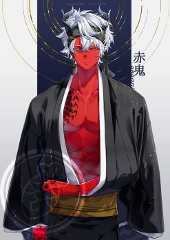 1boy abs armrest black_headband black_kimono black_nails character_name chest_tattoo circle closed_mouth collarbone colored_skin cowboy_shot dated earrings hair_between_eyes headband highres horns japanese_clothes jewelry kimono kotarou_033 light_smile looking_at_viewer male_focus nail_polish narrowed_eyes oni open_clothes open_kimono original pectoral_cleavage pectorals red_skin short_hair single_earring solo straight-on tassel tassel_earrings tattoo toned toned_male tsurime wavy_hair white_hair yellow_eyes